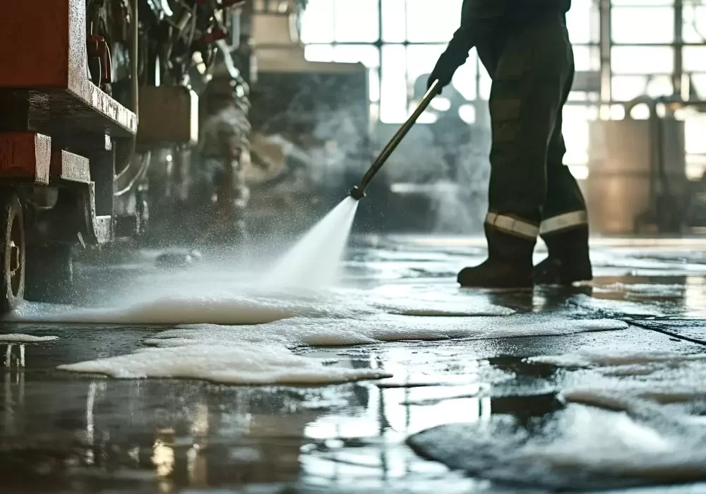 Pressure washing a factory floor.