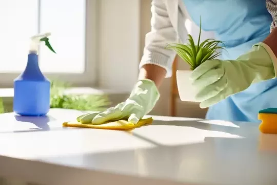 A cleaner wiping an office desk and lifting a small potted plant.