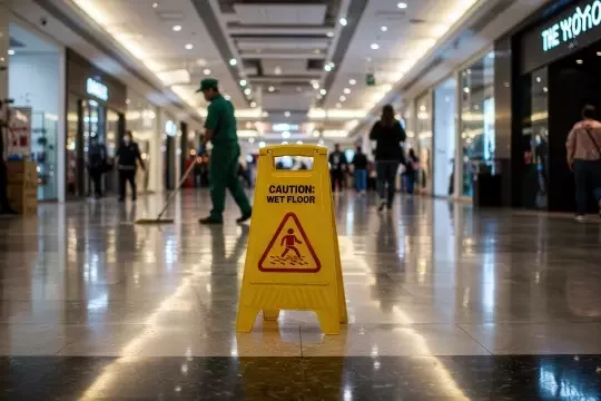 Wet floor sign with a cleaner sweeping in the background of a shopping centre.