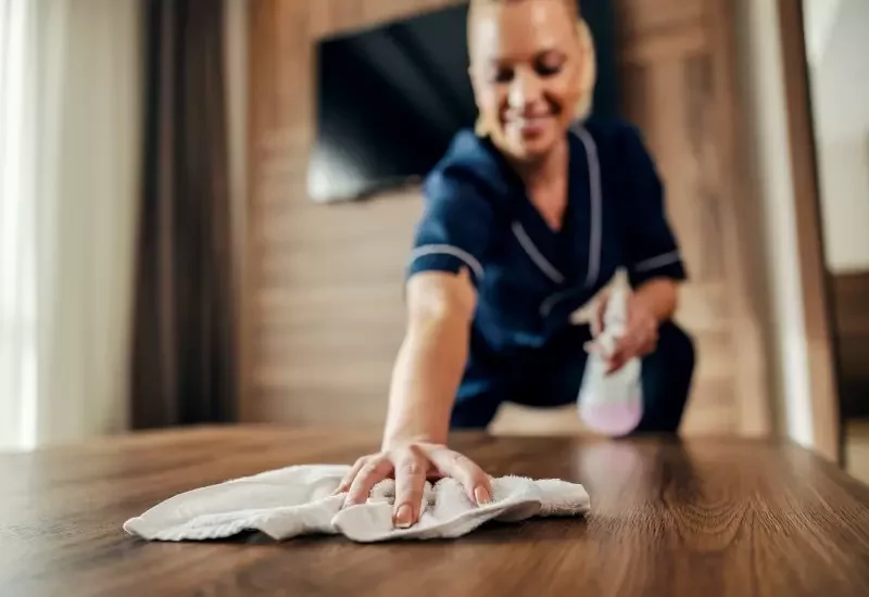 Wiping a table in a hotel.