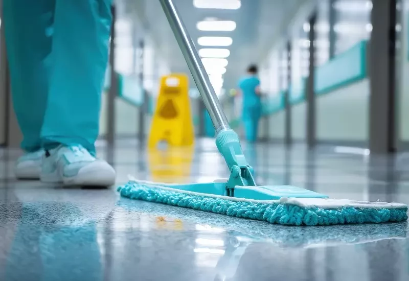 Mopping a hospital floor.