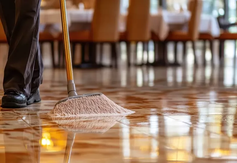Mopping a restaurant floor.