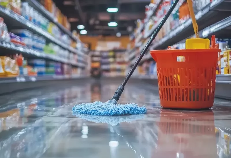 A mop on the floor of a shopping aisle.