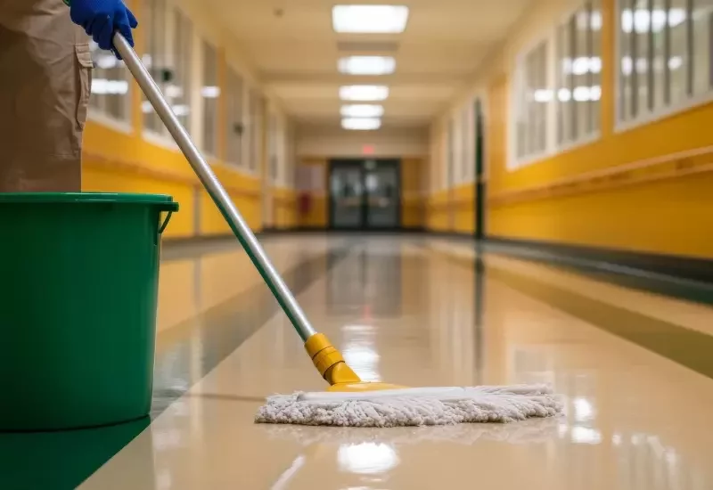 Mopping a school hall floor.