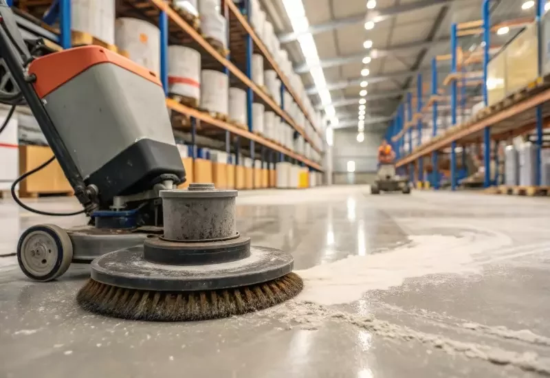 A scrubber dryer cleans a warehouse floor.